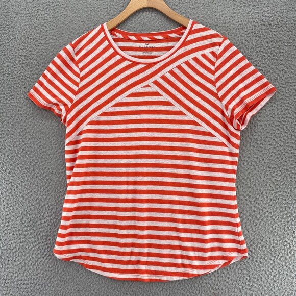 Talbots Top Womens Large Orange Striped Linen Blend Short Sleeve Tee Pullover - Picture 1 of 9